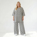 Stilvolle Lagenlook Hose mit weitem Bein Schlitz aus weichem Jersey im angesagten Streifen Design, Weiß/Schwarz