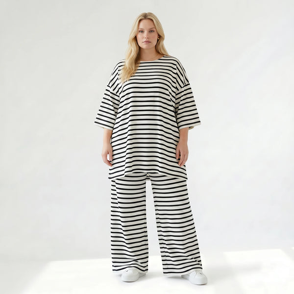 Stilvolle Lagenlook Hose mit weitem Bein Schlitz aus weichem Jersey im angesagten Streifen Design, Weiß/Schwarz