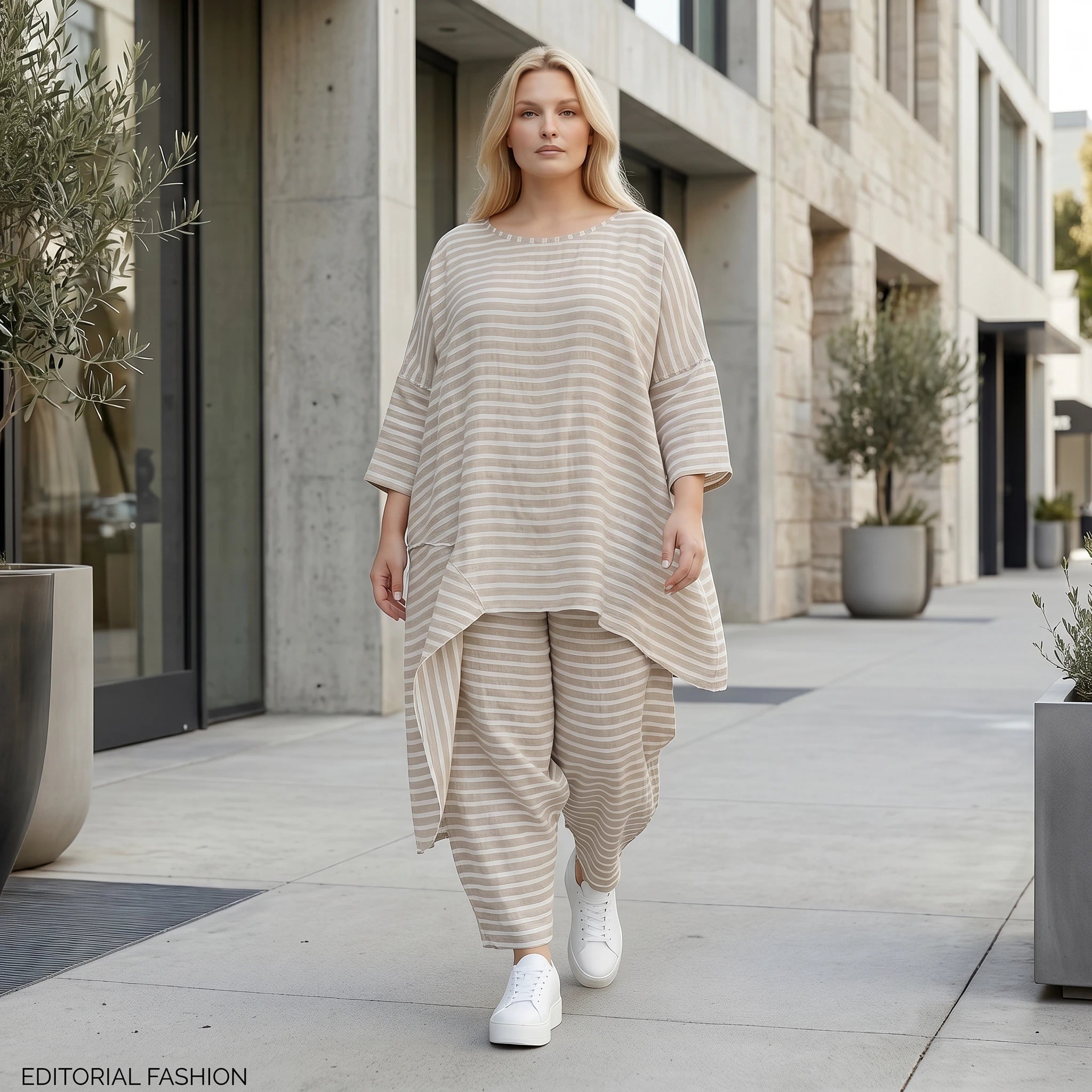 Asymmetrisches Shirt im ausgefallenen Lagenlook mit legerem Crash-Effekt aus Leinen Optik, Sand/Weiß