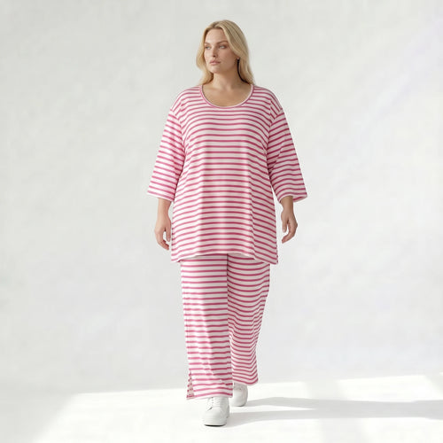 Ausgefallene Lagenlook Hose mit weiten Beinen und feinem Jersey, weich fließend, Streifen, Weiß/Fuchsia