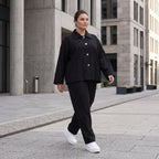 Schwarzer Oversize Blazer leger und zeitlos mit Stretchkomfort und Lagenlook cleanem Look