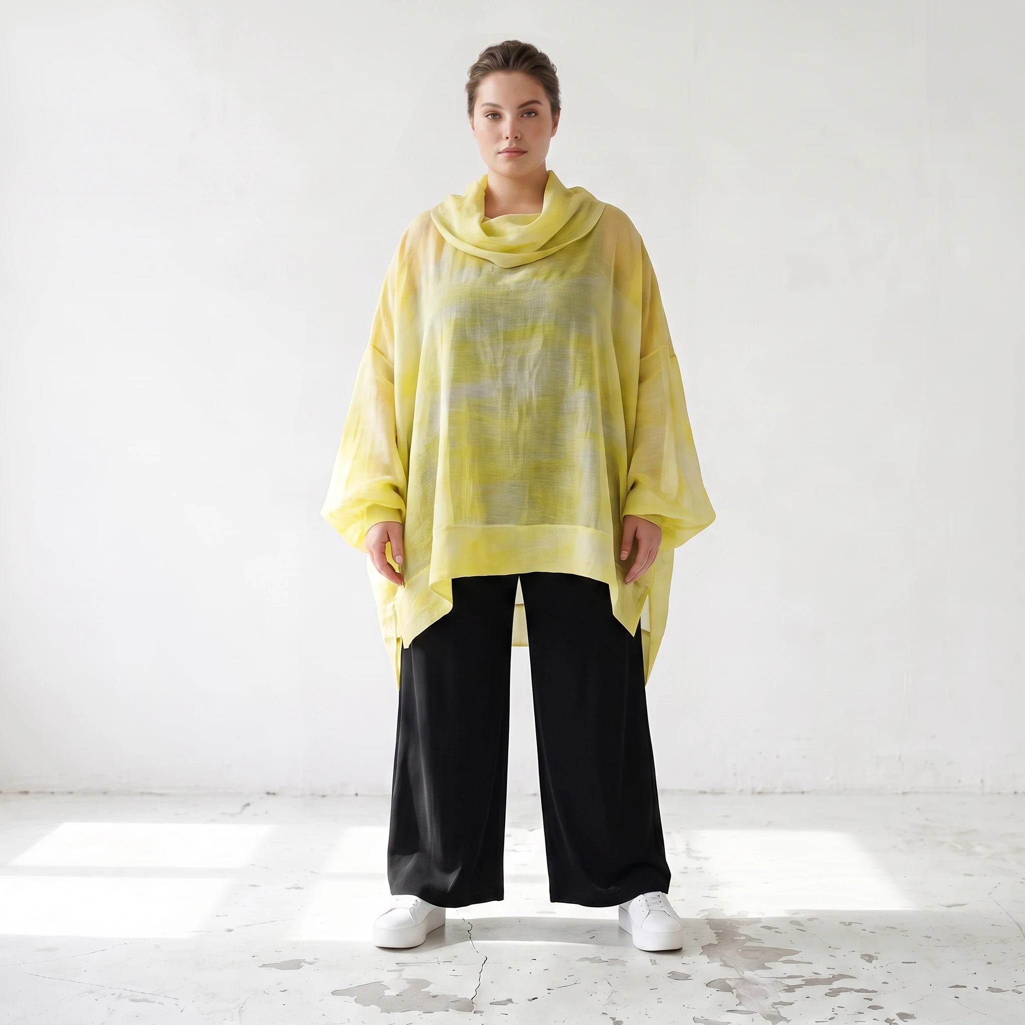 Gelb/Grau Oversize Lagenlook Shirt mit Crashstruktur asymmetrisch leger zeitlos softfeel