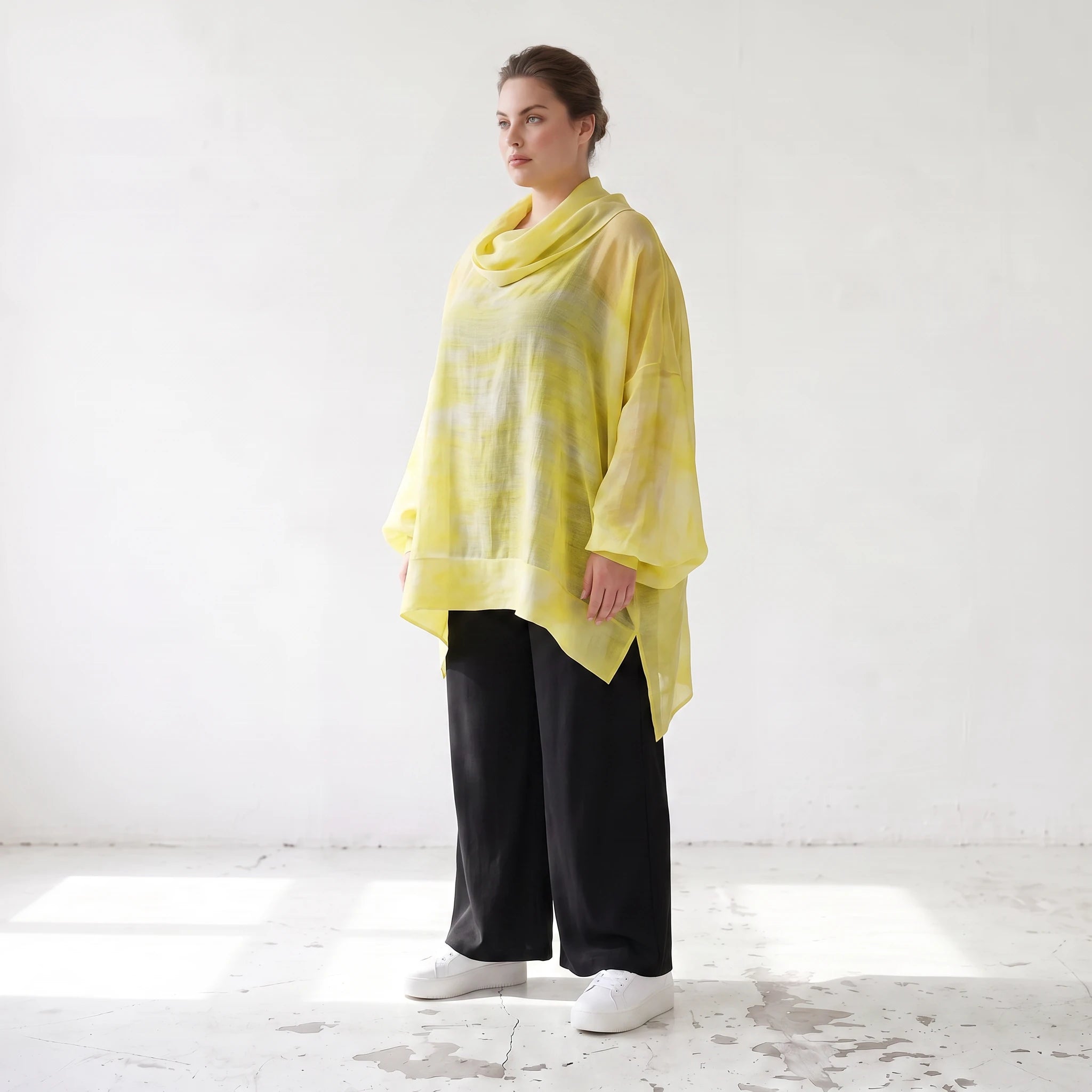 Gelb/Grau Oversize Lagenlook Shirt mit Crashstruktur asymmetrisch leger zeitlos softfeel