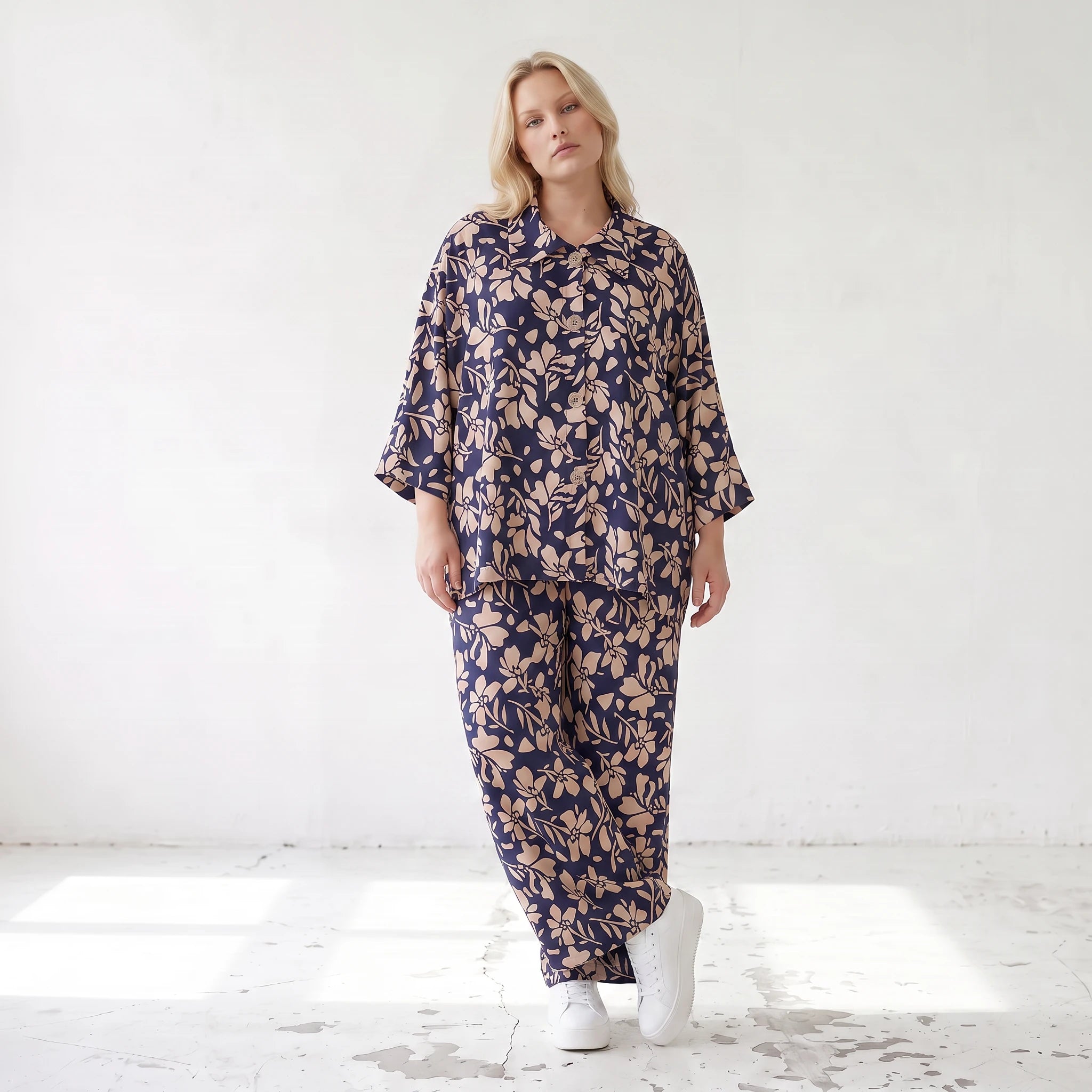 Damen Bluse Lagenlook Viskose Marine/Rose, gerader Schnitt, Langarm, Knopfleiste, Oversize große Größen – AKH Fashion