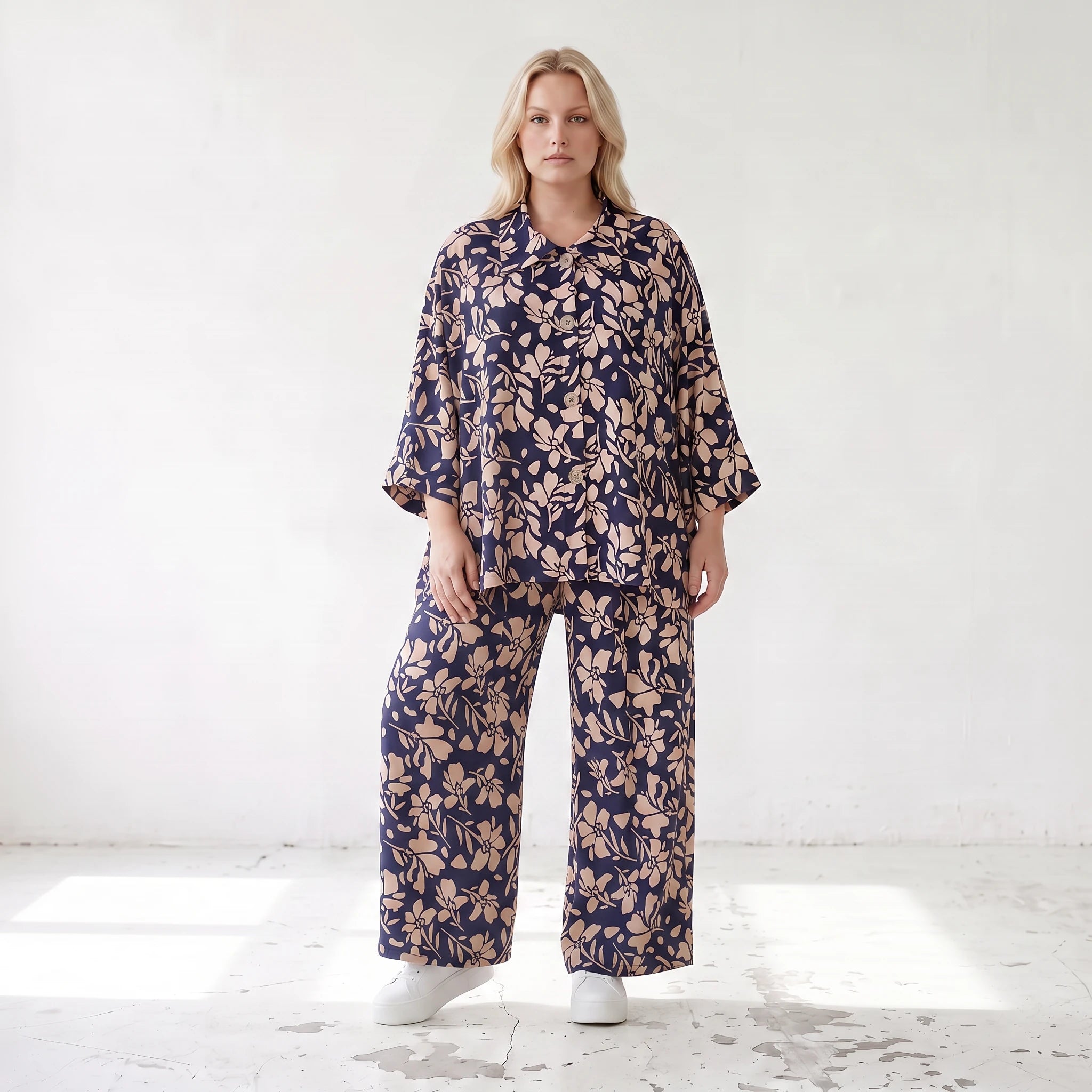 Damen Bluse Lagenlook Viskose Marine/Rose, gerader Schnitt, Langarm, Knopfleiste, Oversize große Größen – AKH Fashion
