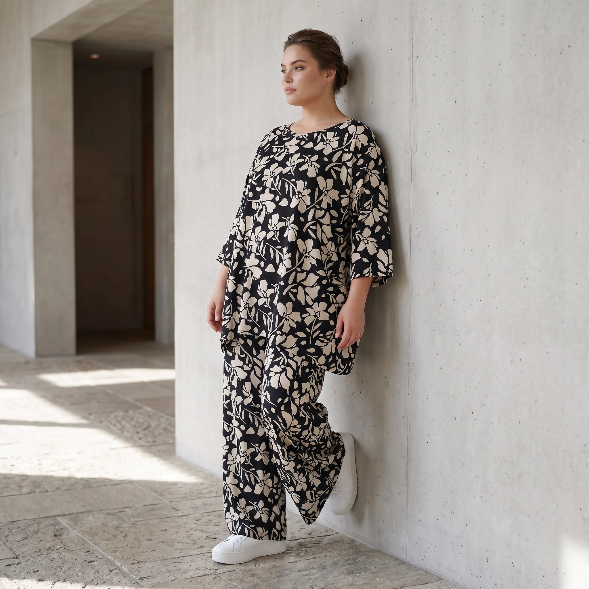 Damen Shirt Lagenlook Viskose Schwarz/Ecru, A-Form, 3/4-Arm, Taschen, Oversize große Größen – AKH Fashion