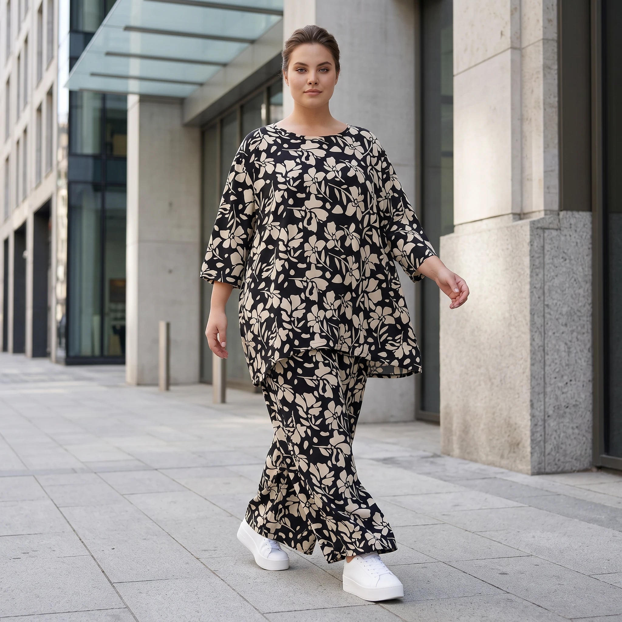 Damen Shirt Lagenlook Viskose Schwarz/Ecru, A-Form, 3/4-Arm, Taschen, Oversize große Größen – AKH Fashion