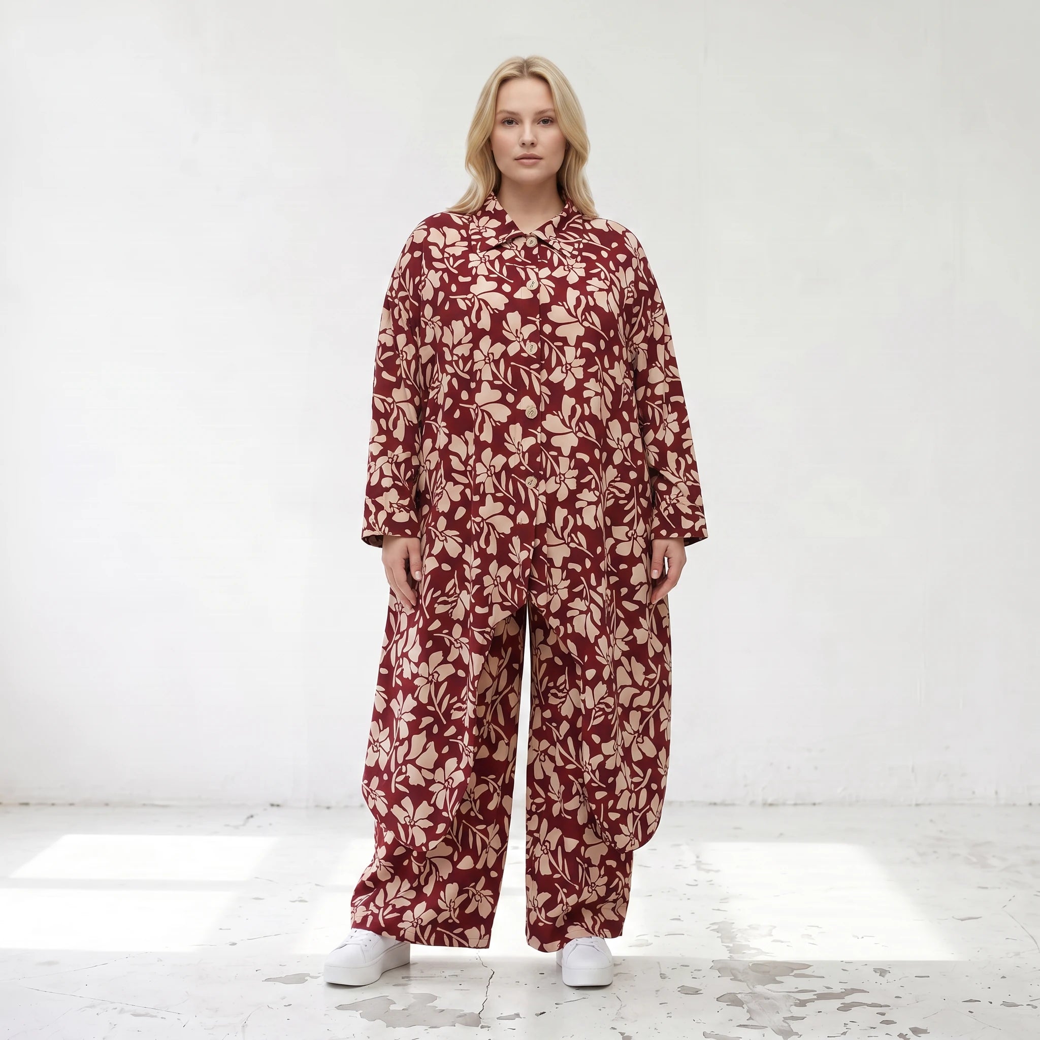 Damen Bluse Lagenlook Viskose Weinrot/Rose, gerader Schnitt, Langarm, Knopfleiste, Oversize große Größen – AKH Fashion