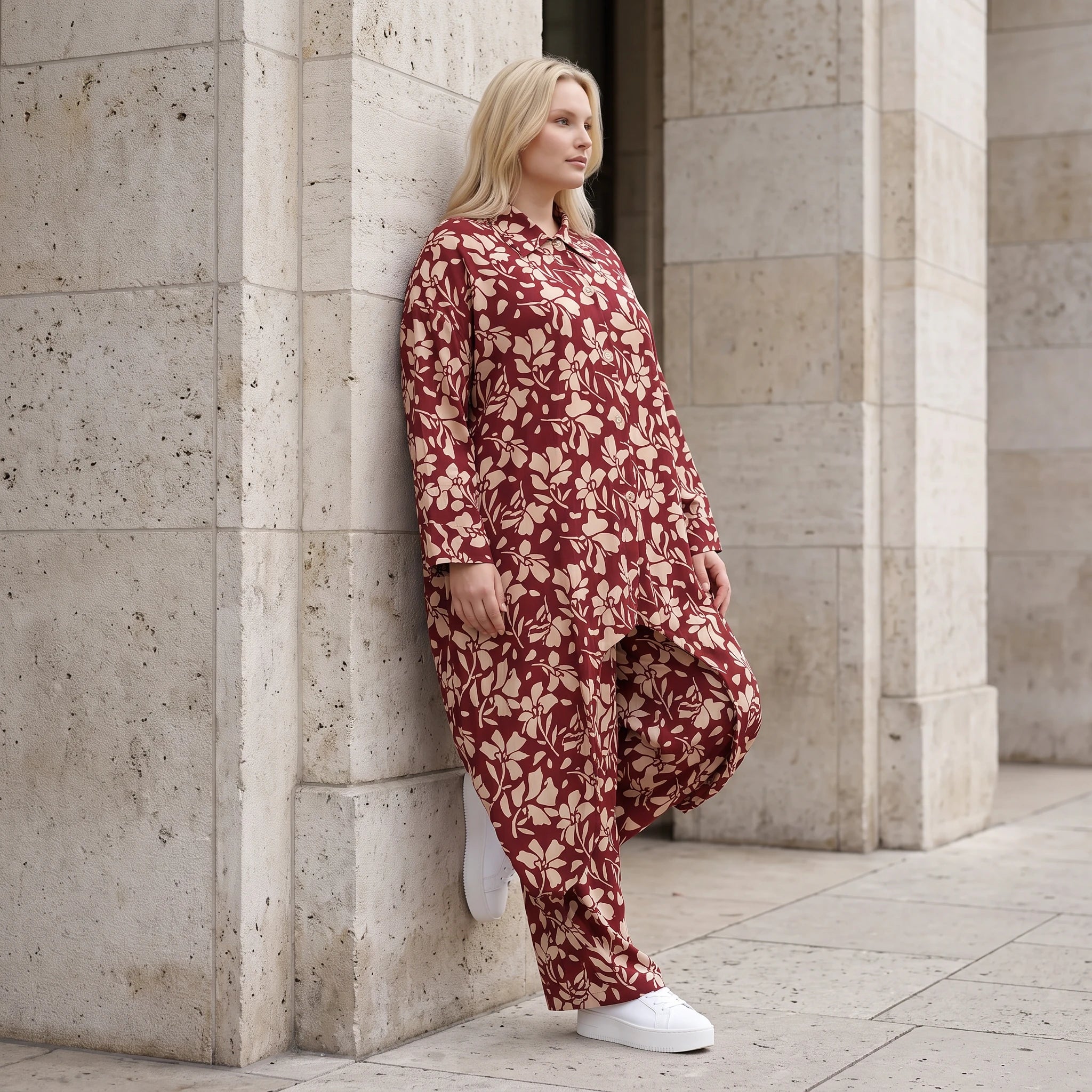 Damen Bluse Lagenlook Viskose Weinrot/Rose, gerader Schnitt, Langarm, Knopfleiste, Oversize große Größen – AKH Fashion