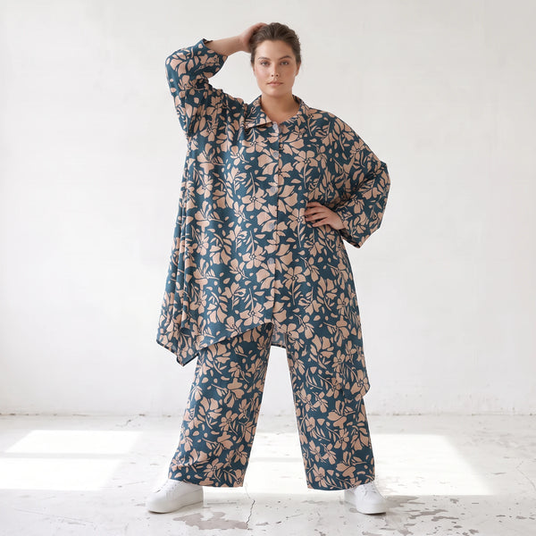 Damen Bluse Lagenlook Viskose Petrol/Rose, Zipfelform, Langarm, Knopfleiste, Oversize große Größen – AKH Fashion