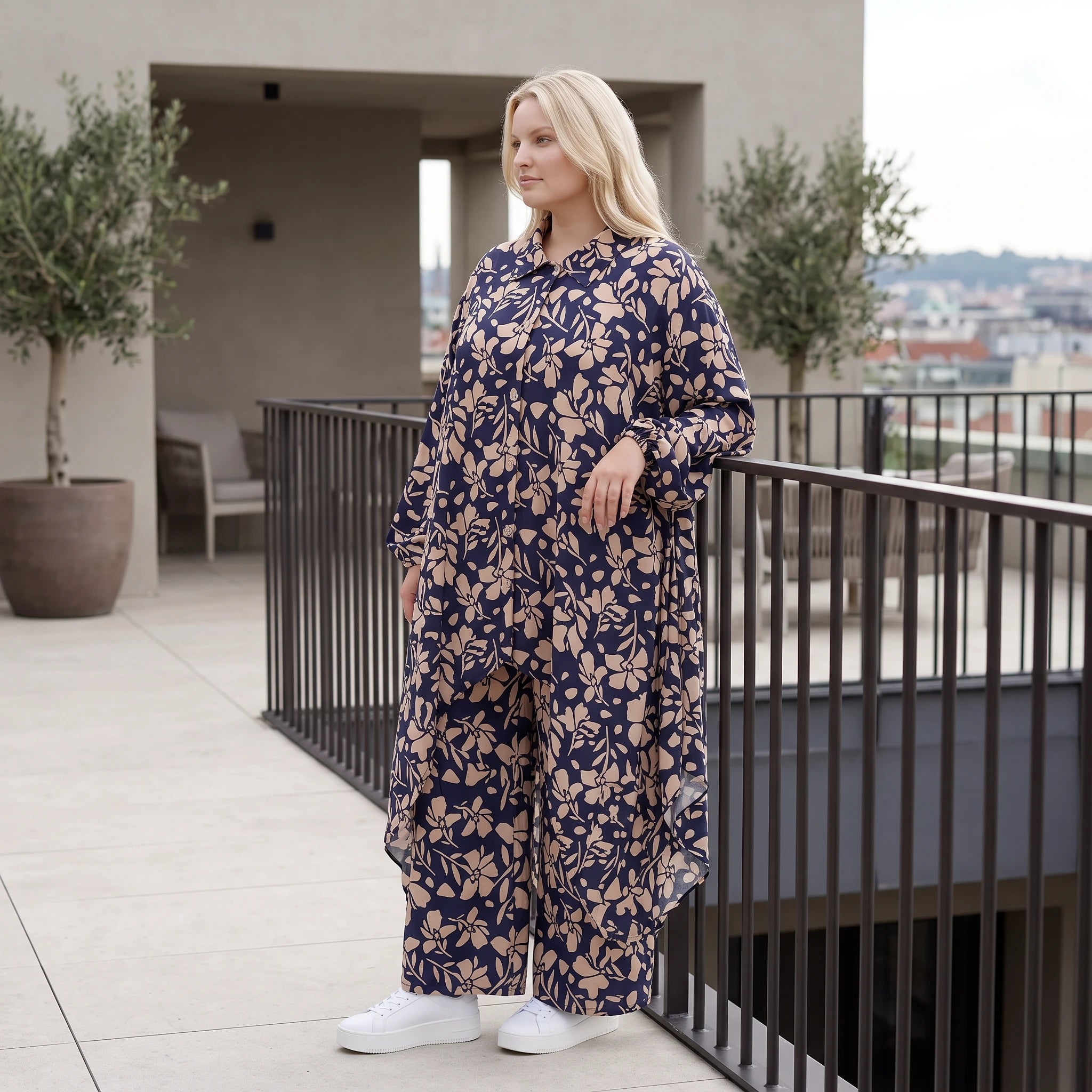 Damen Bluse Lagenlook Viskose Marine/Rose, Zipfelform, Langarm, Knopfleiste, Oversize große Größen – AKH Fashion