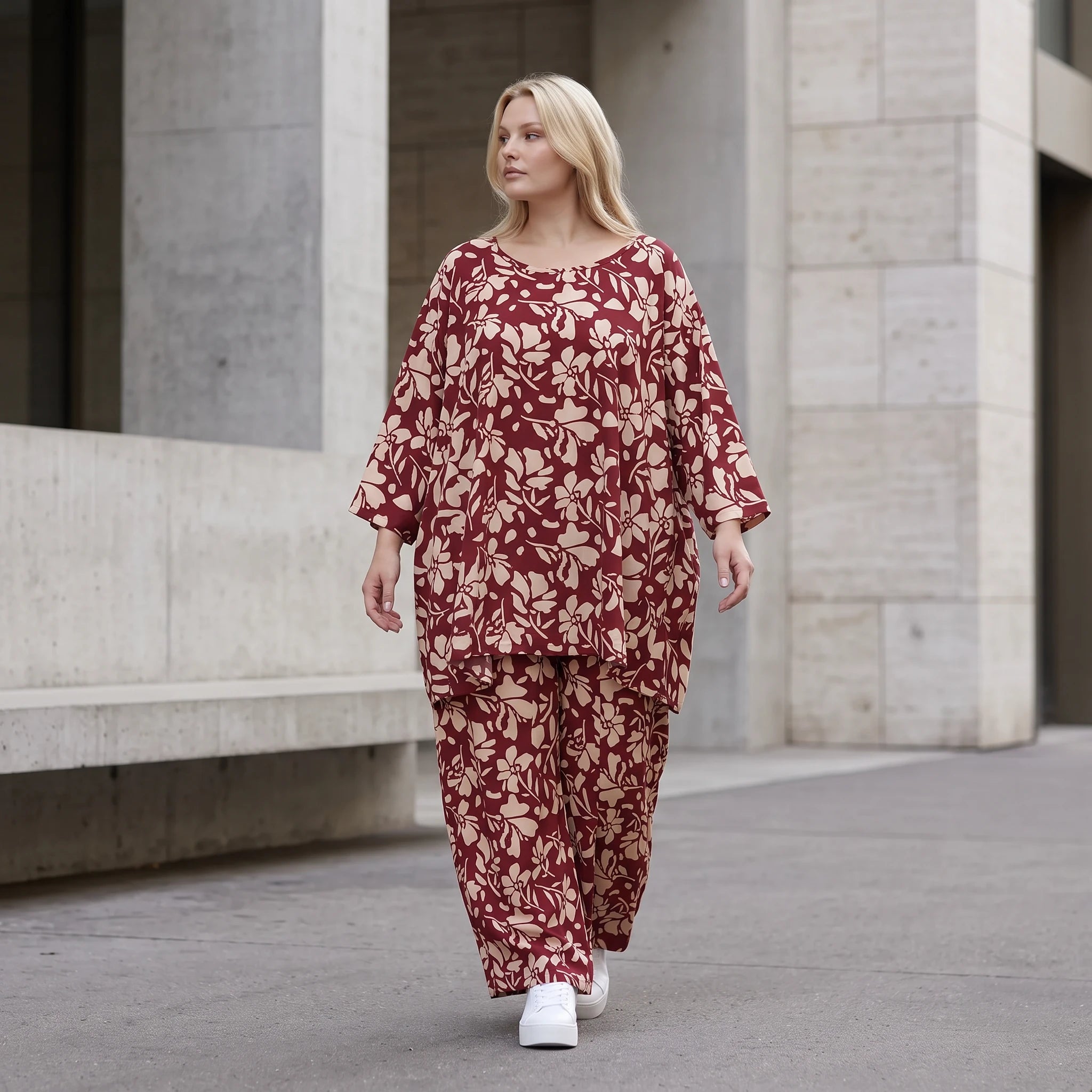 Damen Shirt Lagenlook Viskose Weinrot/Rose, A-Form, 3/4-Arm, Oversize große Größen – AKH Fashion