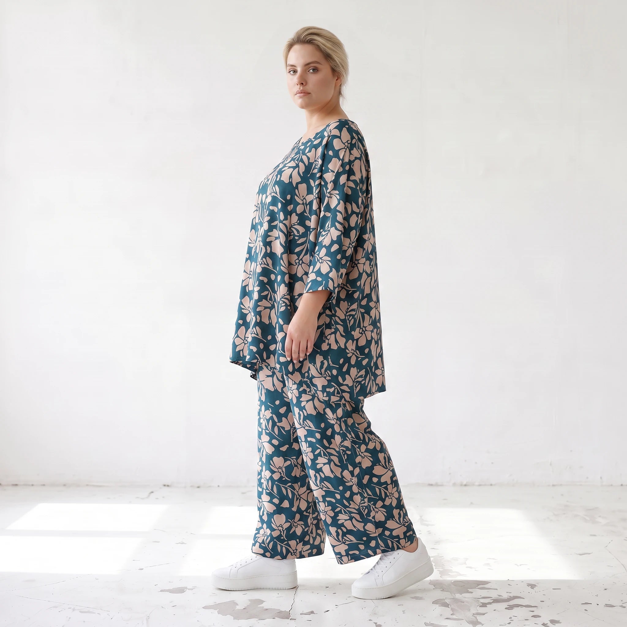 Damen Shirt Lagenlook Viskose Petrol/Rose, A-Form, 3/4-Arm, Oversize große Größen – AKH Fashion