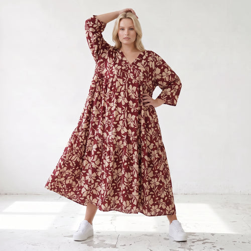 Damen Kleid Lagenlook Viskose Weinrot/Rose, A-Form, V-Ausschnitt, Oversize große Größen – AKH Fashion