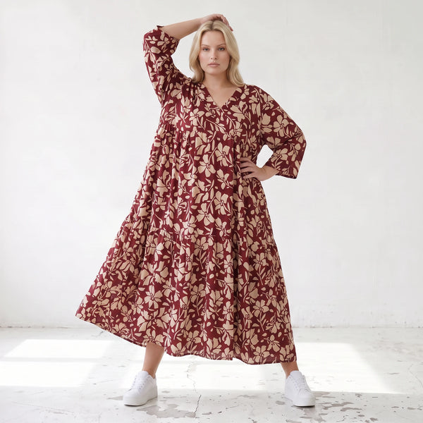 Damen Kleid Lagenlook Viskose Weinrot/Rose, A-Form, V-Ausschnitt, Oversize große Größen – AKH Fashion