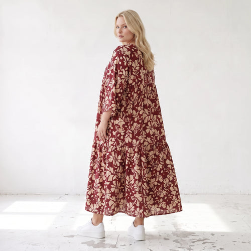 Damen Kleid Lagenlook Viskose Weinrot/Rose, A-Form, V-Ausschnitt, Oversize große Größen – AKH Fashion