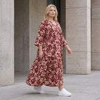 Damen Kleid Lagenlook Viskose Weinrot/Rose, A-Form, V-Ausschnitt, Oversize große Größen – AKH Fashion
