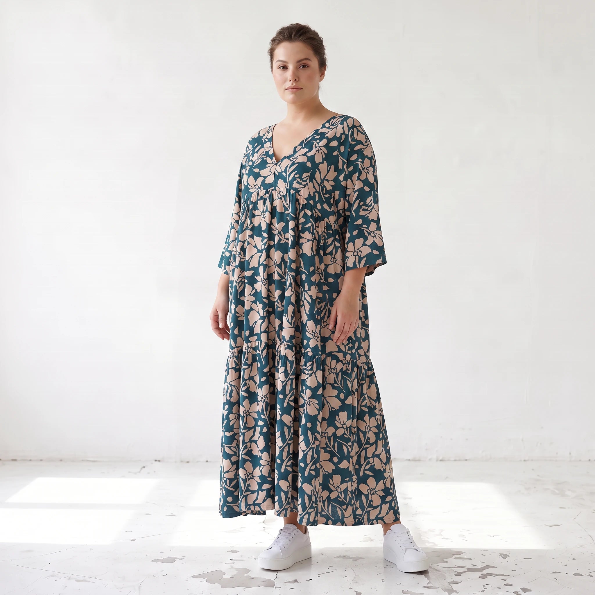 Damen Kleid Lagenlook Viskose Petrol/Rose, A-Form, 3/4-Arm, V-Ausschnitt, Oversize große Größen – AKH Fashion