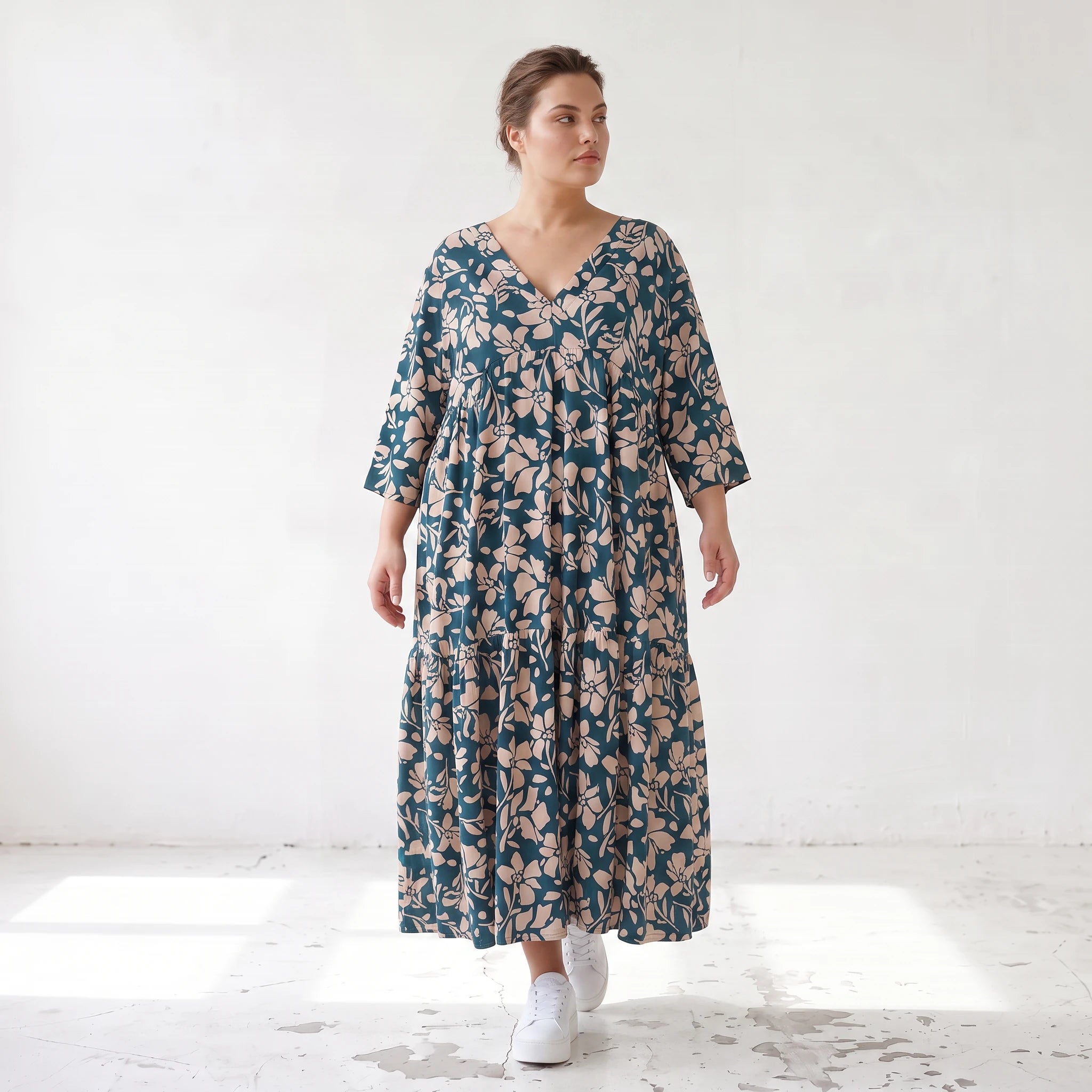 Damen Kleid Lagenlook Viskose Petrol/Rose, A-Form, 3/4-Arm, V-Ausschnitt, Oversize große Größen – AKH Fashion