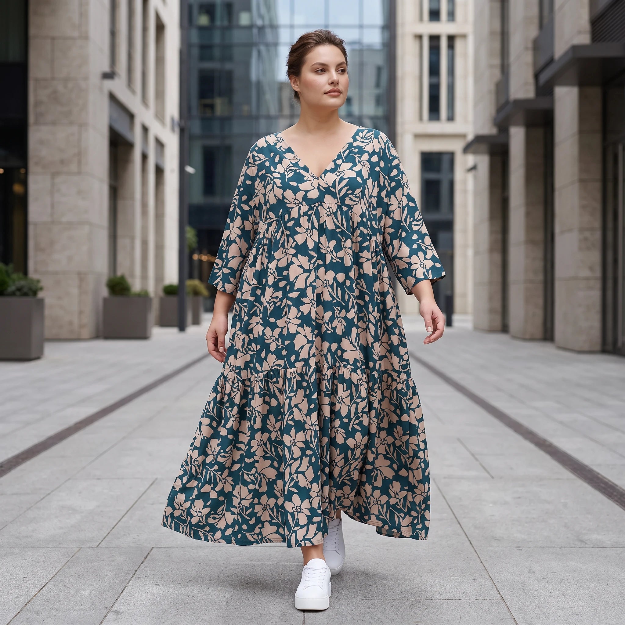 Damen Kleid Lagenlook Viskose Petrol/Rose, A-Form, 3/4-Arm, V-Ausschnitt, Oversize große Größen – AKH Fashion