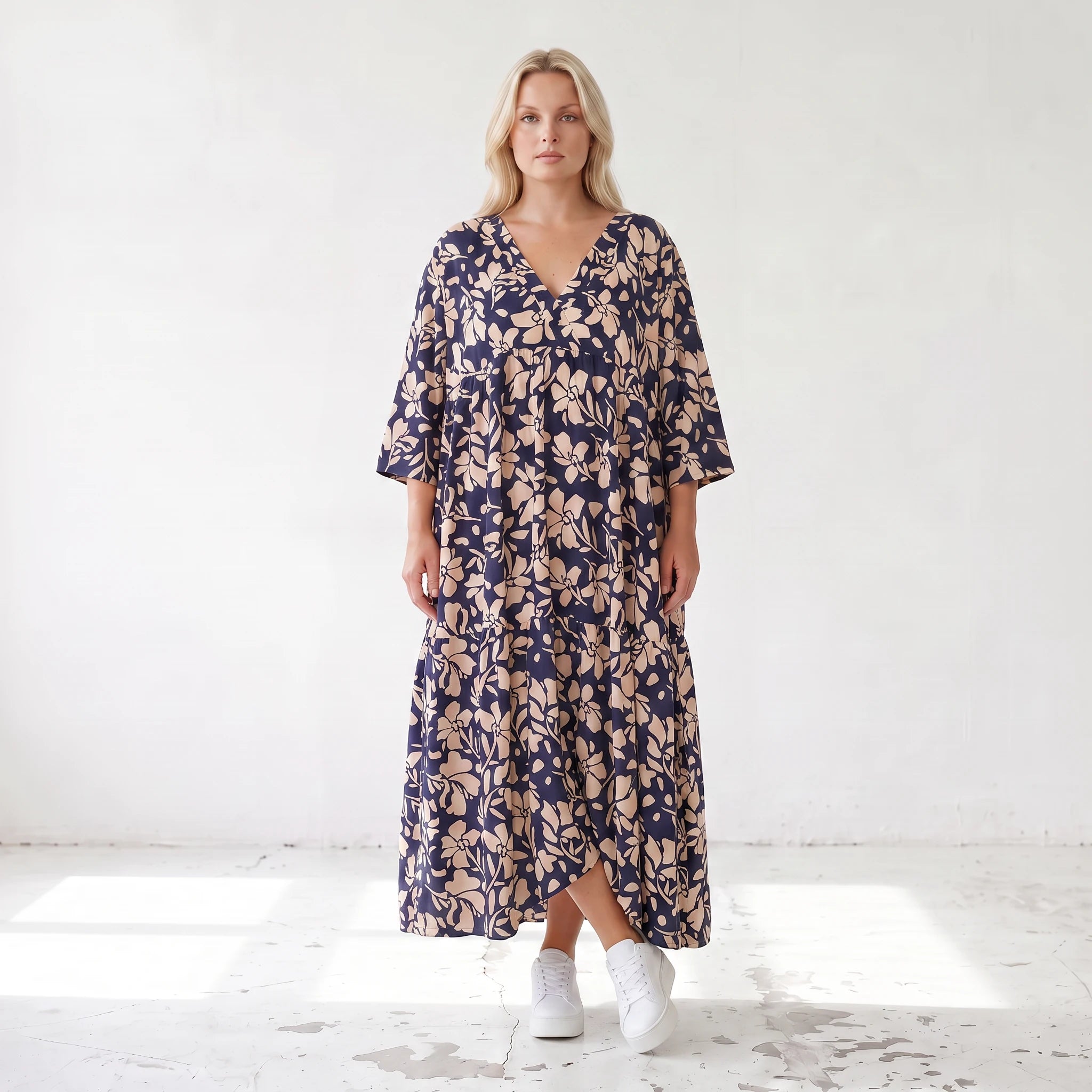 Damen Kleid Lagenlook Viskose Marine/Rose, A-Form, V-Ausschnitt, Oversize große Größen – AKH Fashion