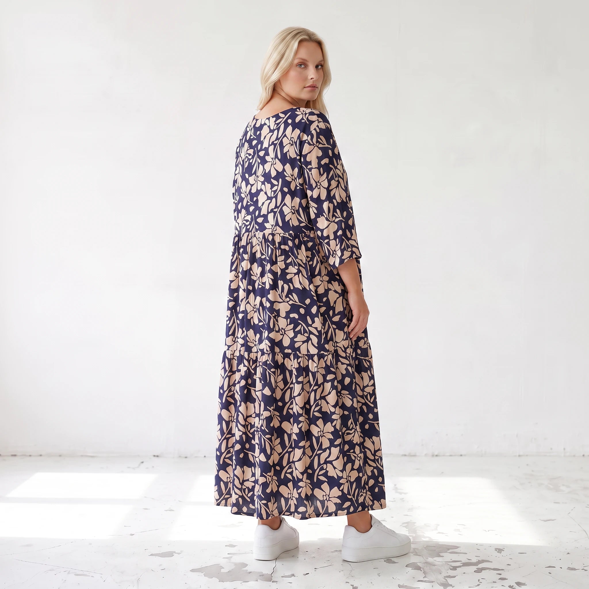 Damen Kleid Lagenlook Viskose Marine/Rose, A-Form, V-Ausschnitt, Oversize große Größen – AKH Fashion