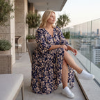Damen Kleid Lagenlook Viskose Marine/Rose, A-Form, V-Ausschnitt, Oversize große Größen – AKH Fashion