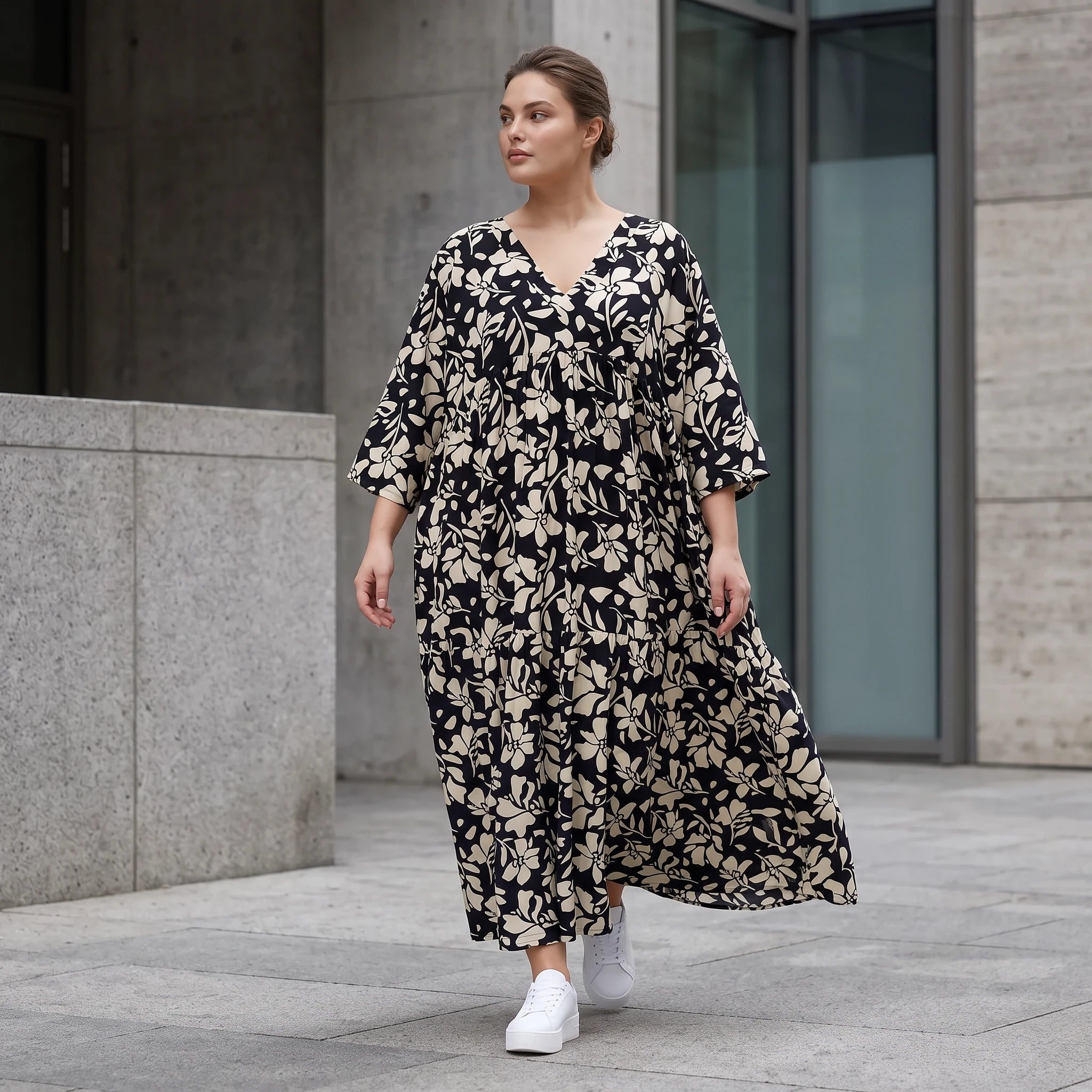 Damen Kleid Lagenlook Viskose Schwarz/Ecru, A-Form, V-Ausschnitt, Oversize große Größen – AKH Fashion