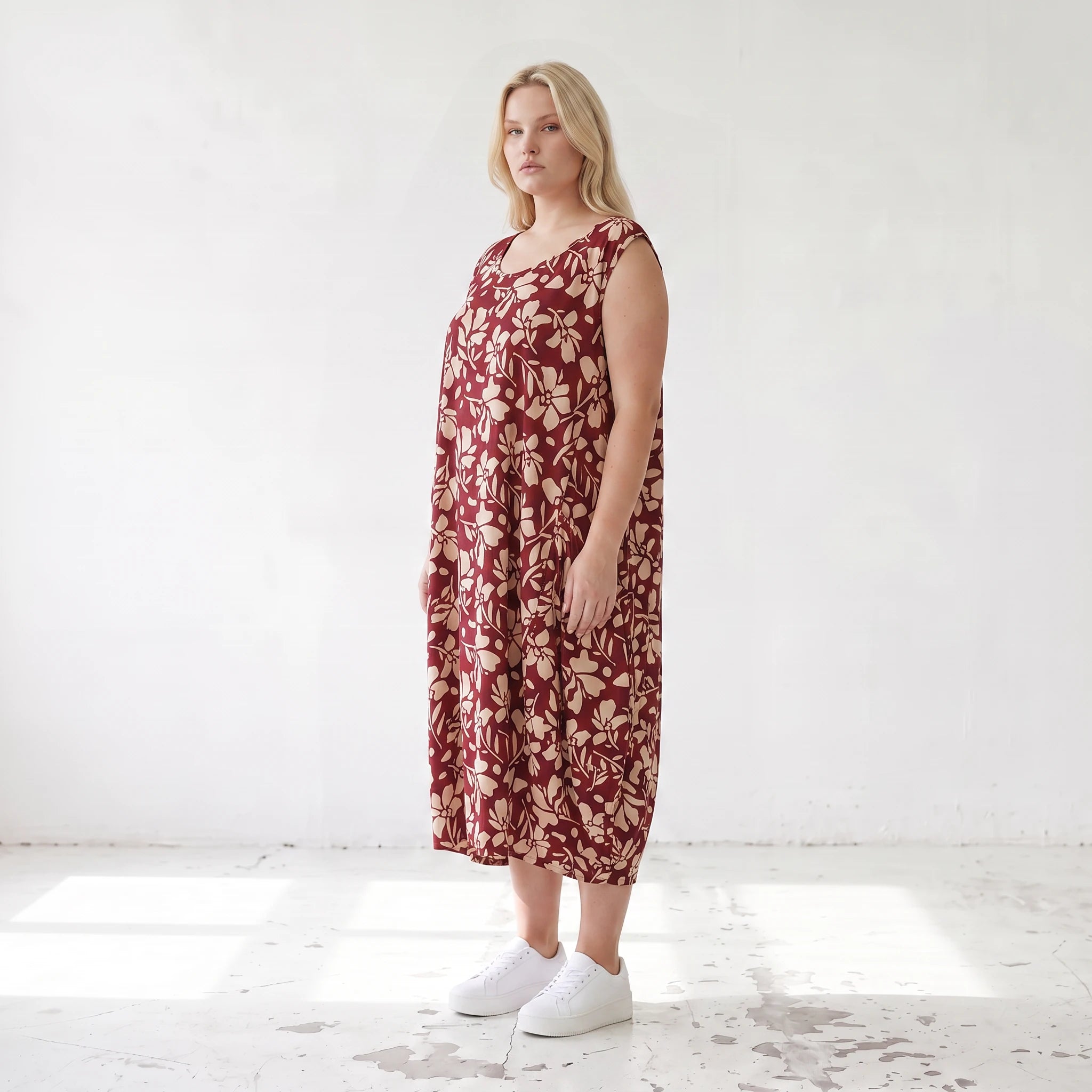 Damen Kleid Lagenlook Viskose Weinrot/Rose, Ballonschnitt, ärmellos, Flügeltaschen, Oversize große Größen – AKH Fashion