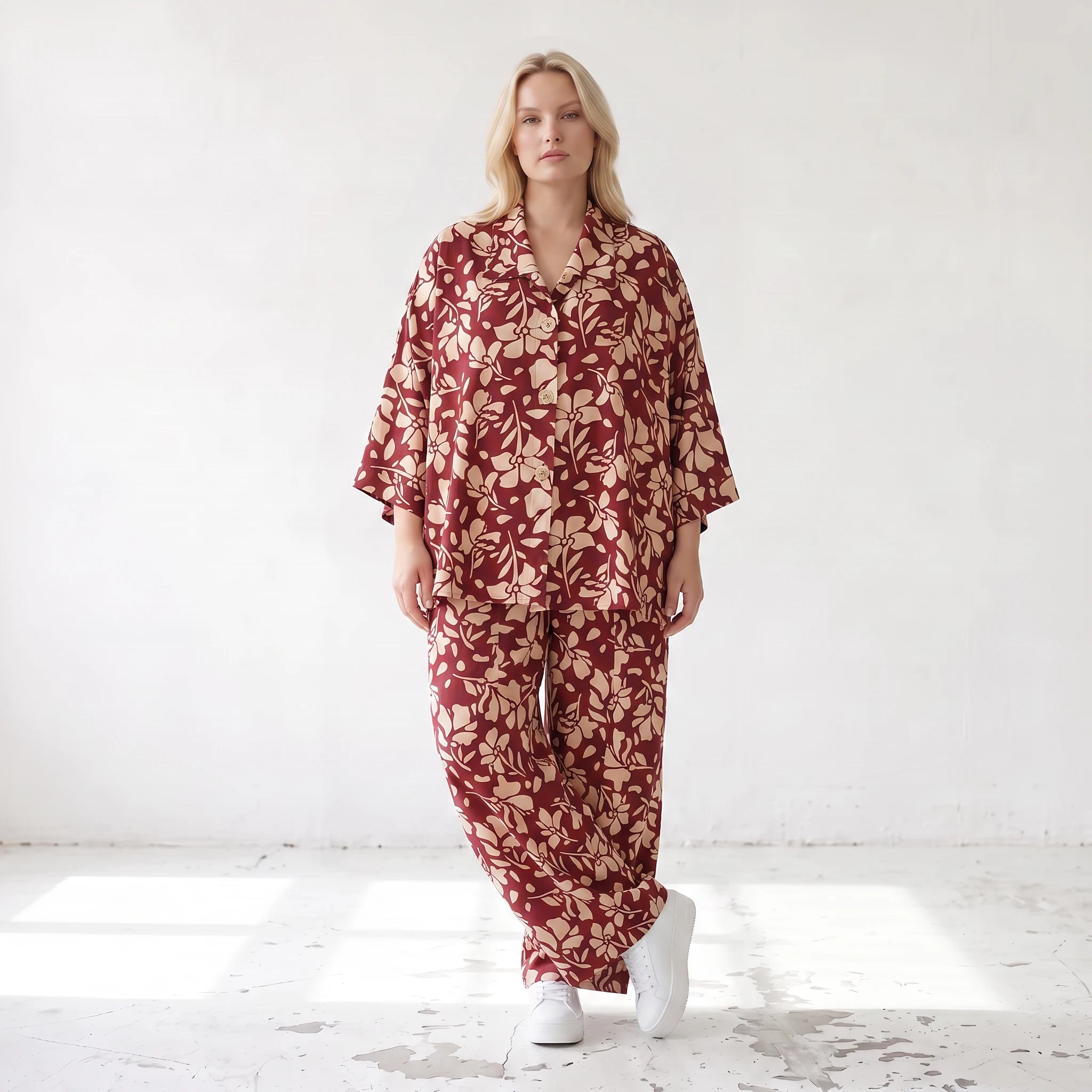 Damen Hose Lagenlook Viskose Weinrot/Rose, Ballonschnitt, Elastikbund, Oversize große Größen – AKH Fashion