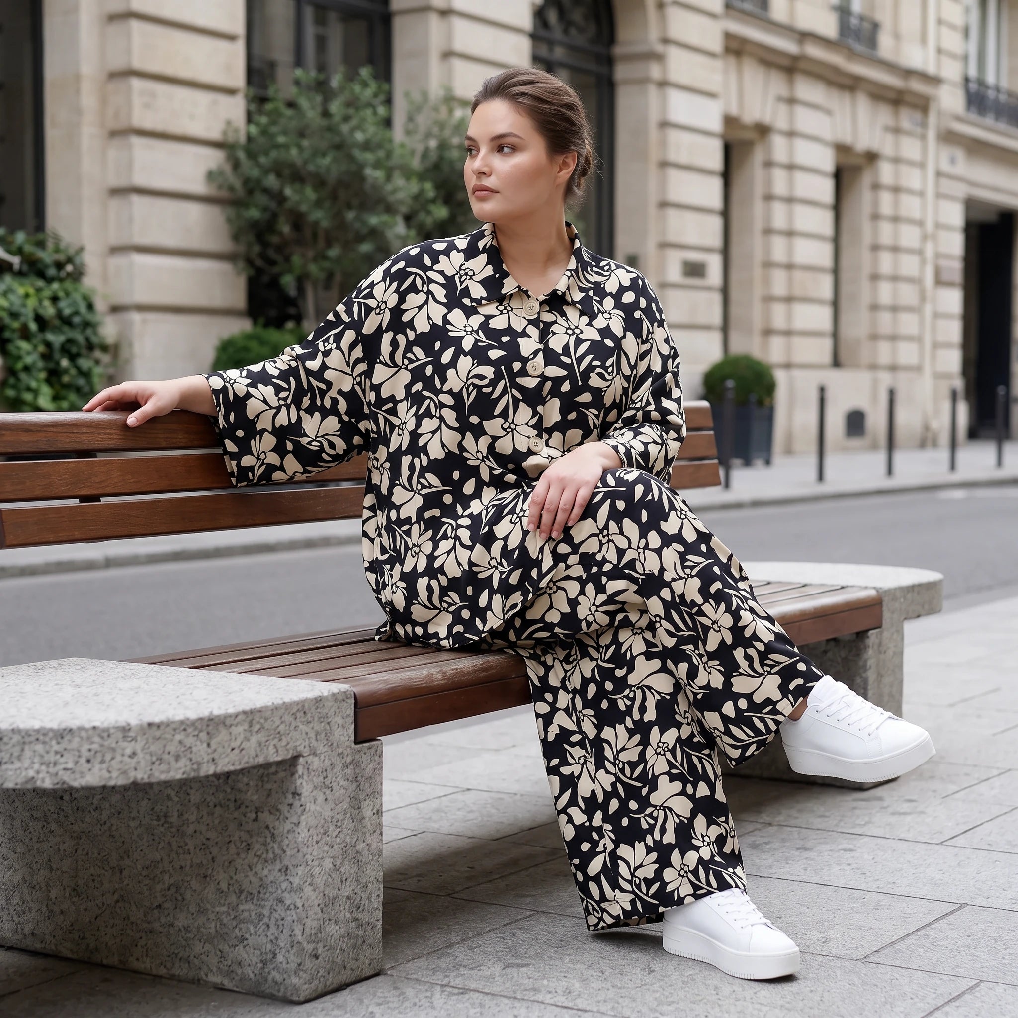 Damen Hose Lagenlook Viskose Schwarz/Ecru, Ballonschnitt, Elastikbund, Oversize große Größen – AKH Fashion