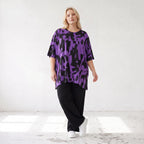 Damen Shirt Lagenlook Baumwolle Violett/Schwarz, A-Linie, Kurzarm, Seitenschlitze, Oversize große Größen – Funky Diva