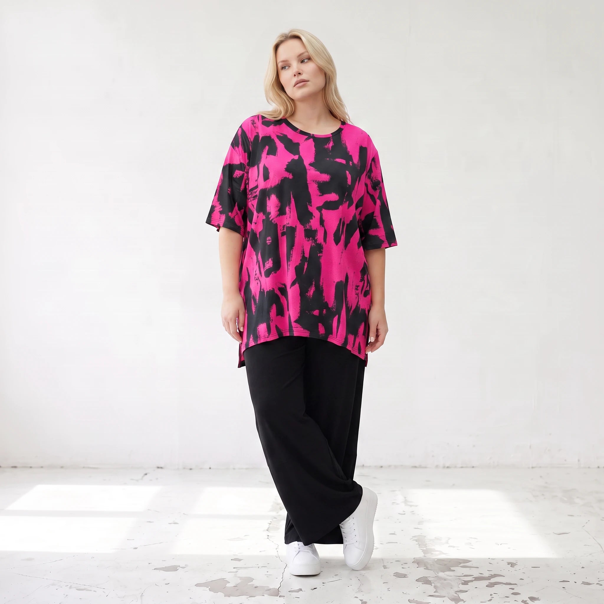 Damen Shirt Lagenlook Baumwolle Pink/Schwarz, A-Linie, Kurzarm, Seitenschlitze, Oversize große Größen – Funky Diva