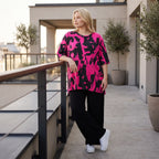 Damen Shirt Lagenlook Baumwolle Pink/Schwarz, A-Linie, Kurzarm, Seitenschlitze, Oversize große Größen – Funky Diva
