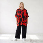Damen Shirt Lagenlook Baumwolle Rot/Schwarz, A-Linie, Kurzarm, Seitenschlitze, Oversize große Größen – Funky Diva