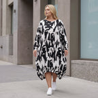 Damen Kleid Lagenlook Baumwolle Schwarz/Weiß, Ballonform, Elastikbund, Oversize große Größen – Funky Diva
