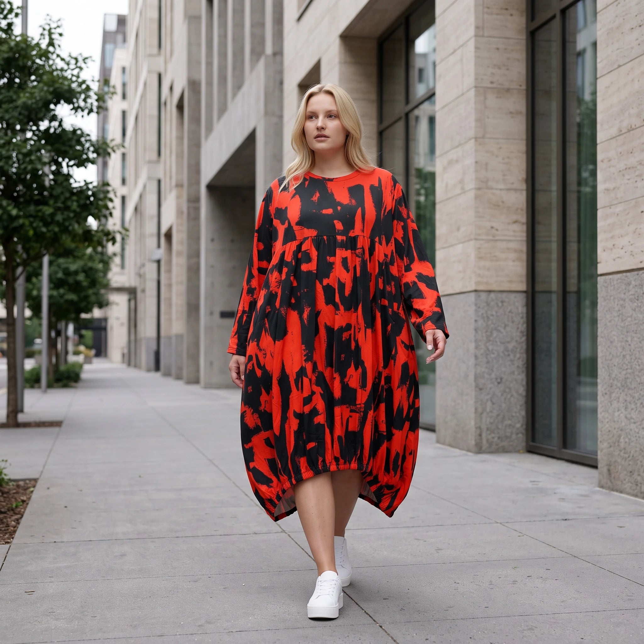 Damen Kleid Lagenlook Baumwolle Rot/Schwarz, Ballonform, Flügeltaschen, Oversize große Größen – Funky Diva