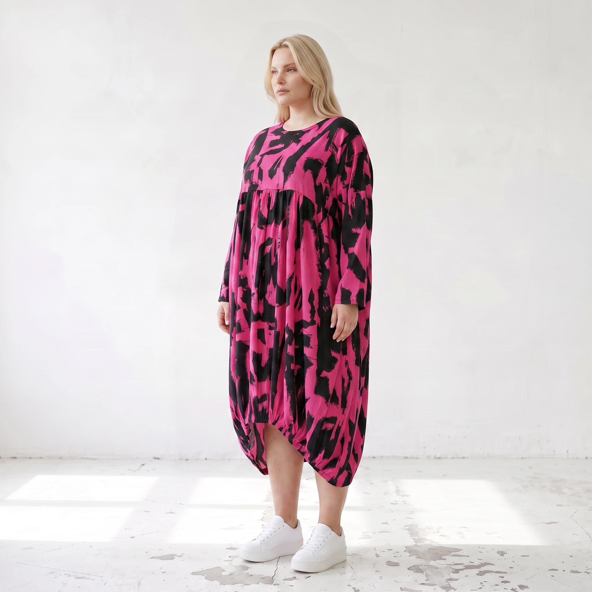 Damen Kleid Lagenlook Baumwolle Pink/Schwarz, Ballonform, Elastikbund, Oversize große Größen – Funky Diva