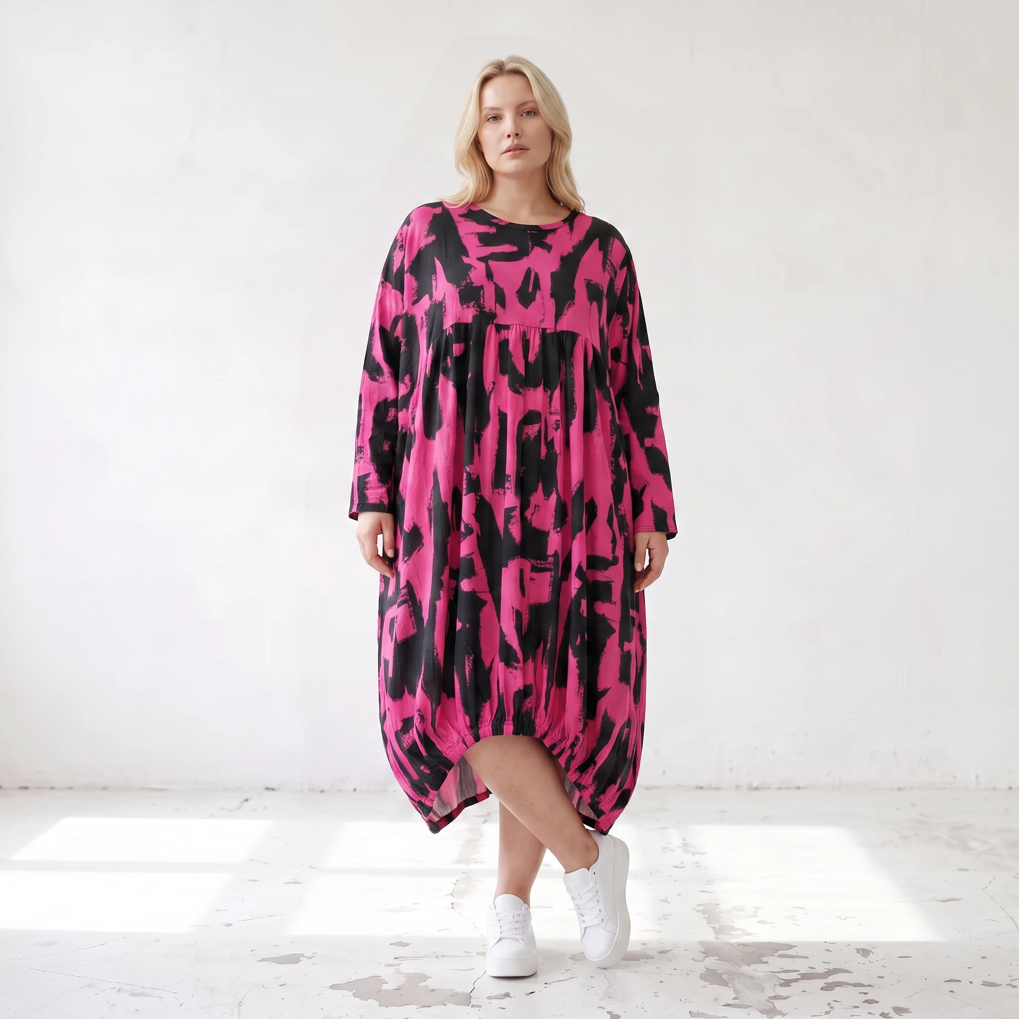 Damen Kleid Lagenlook Baumwolle Pink/Schwarz, Ballonform, Elastikbund, Oversize große Größen – Funky Diva