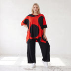 Damen Shirt Lagenlook Baumwolle Rot/Schwarz, A-Linie, Punkte, Kurzarm, Seitenschlitze, Oversize große Größen – Funky Diva