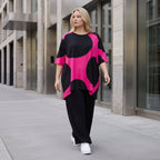 Damen Shirt Lagenlook Baumwolle Pink/Schwarz, A-Linie, Punkte, Kurzarm, Seitenschlitze, Oversize große Größen – Funky Diva
