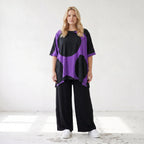 Damen Shirt Lagenlook Baumwolle Lila/Schwarz, A-Linie, Kurzarm, Seitenschlitze, Oversize große Größen – Funky Diva