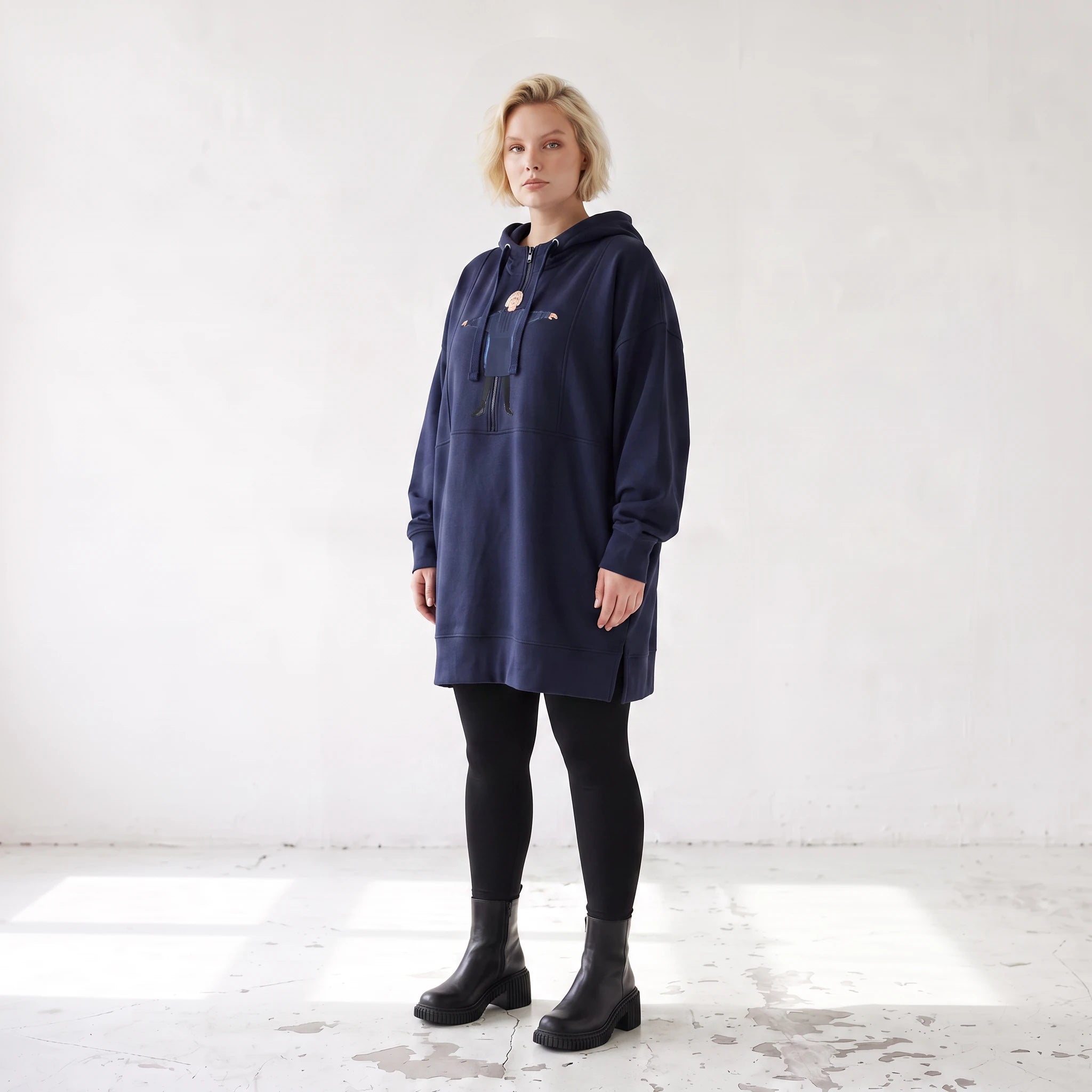 Damen Hoody Lagenlook Baumwolle Blau, gerader Schnitt, Kapuze, Oversize große Größen – Rafay
