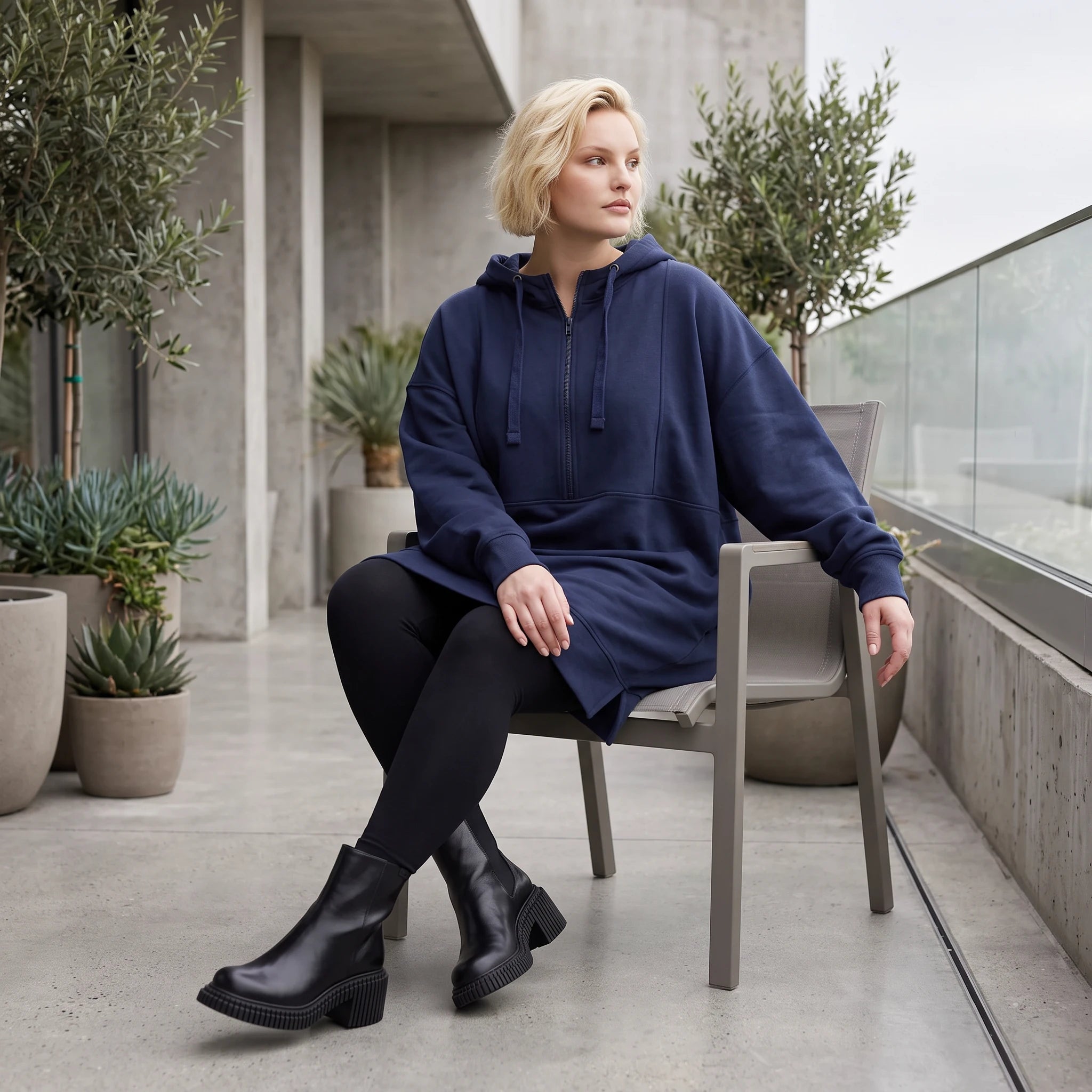 Damen Hoody Lagenlook Baumwolle Blau, gerader Schnitt, Kapuze, Oversize große Größen – Rafay