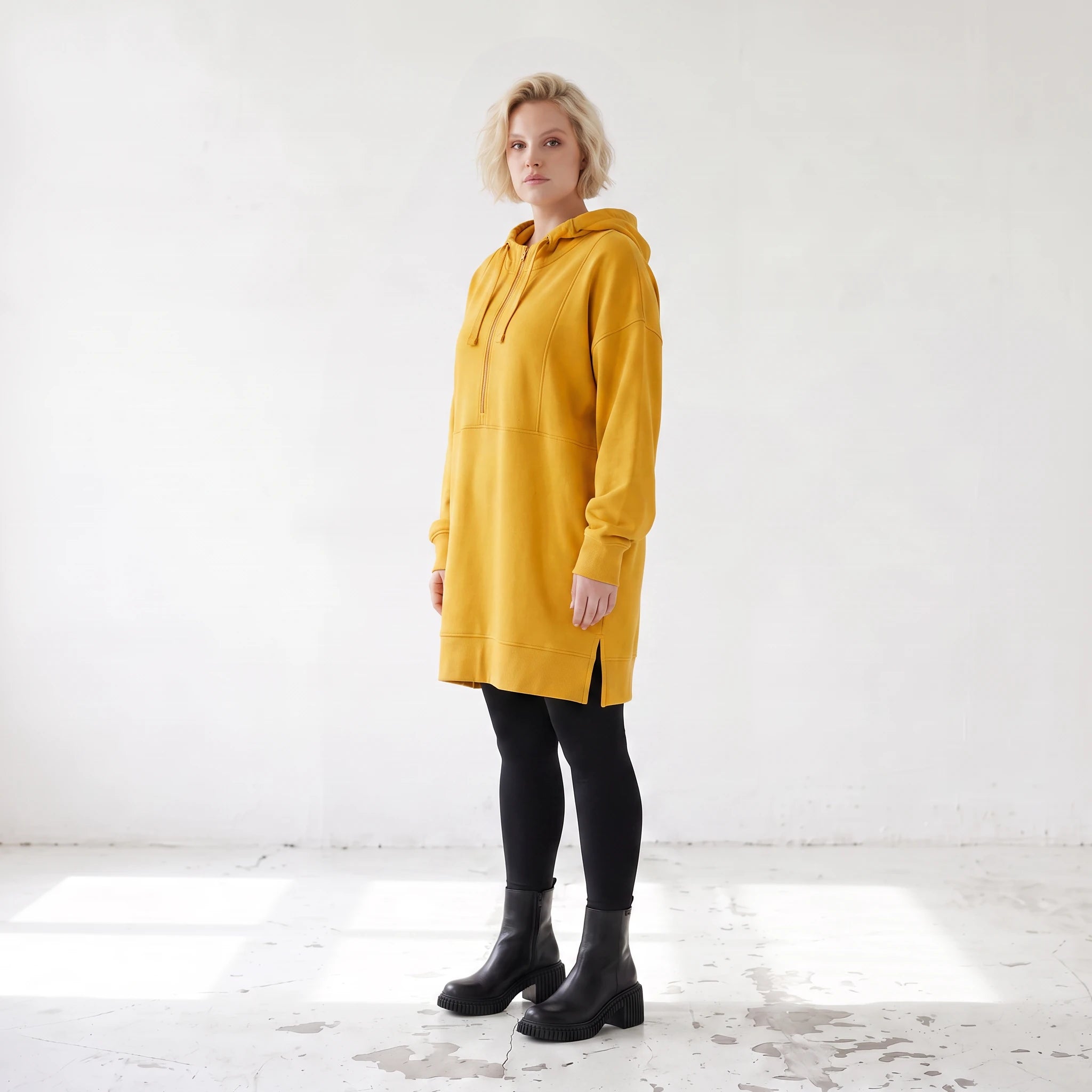 Damen Hoody Lagenlook Baumwolle Gelb, gerader Schnitt, Kapuze, Oversize große Größen – Rafay