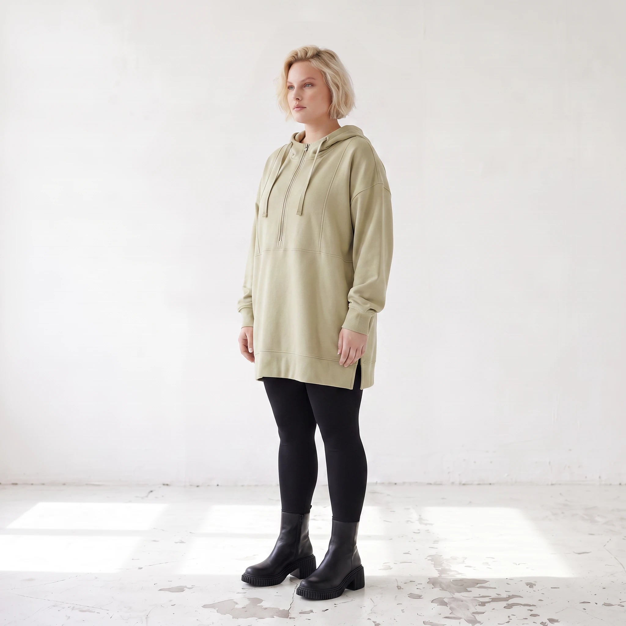 Damen Hoody Lagenlook Baumwolle Beige, gerade Form, Reißverschluss, Oversize große Größen – Rafay