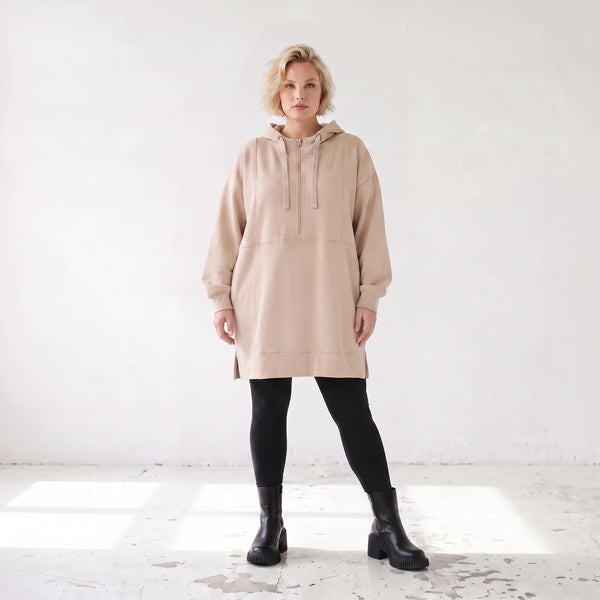 Damen Hoody Lagenlook Baumwolle Beige, gerader Schnitt, Kapuze, Oversize große Größen – Rafay