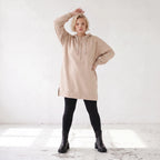 Damen Hoody Lagenlook Baumwolle Beige, gerader Schnitt, Kapuze, Oversize große Größen – Rafay