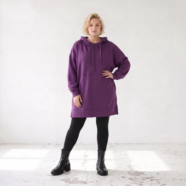 Damen Hoody Lagenlook Baumwolle Lila, gerader Schnitt, Reißverschluss, Oversize große Größen – Rafay
