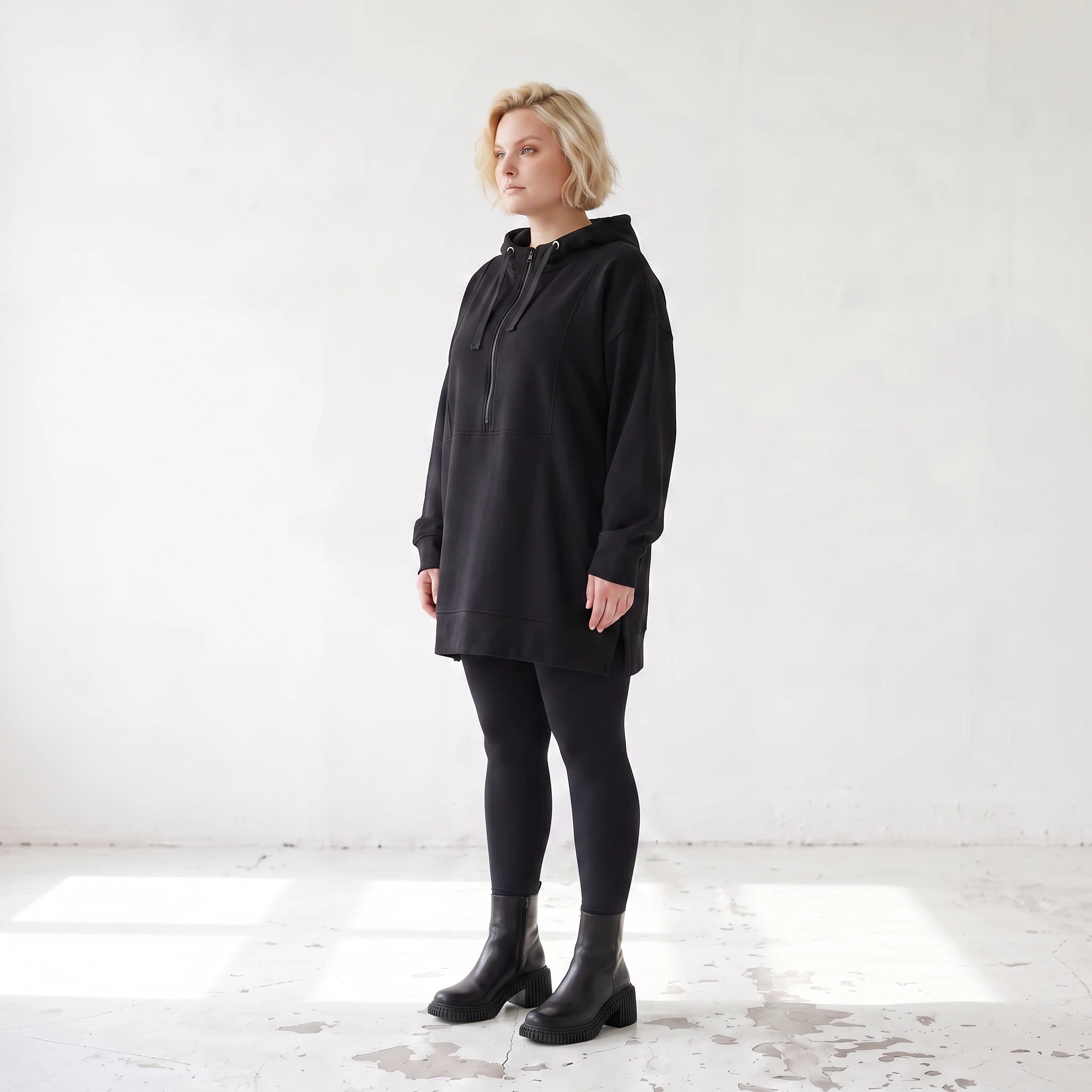 Damen Hoody Lagenlook Baumwolle Schwarz, gerader Schnitt, Reißverschluss, Oversize große Größen – Rafay
